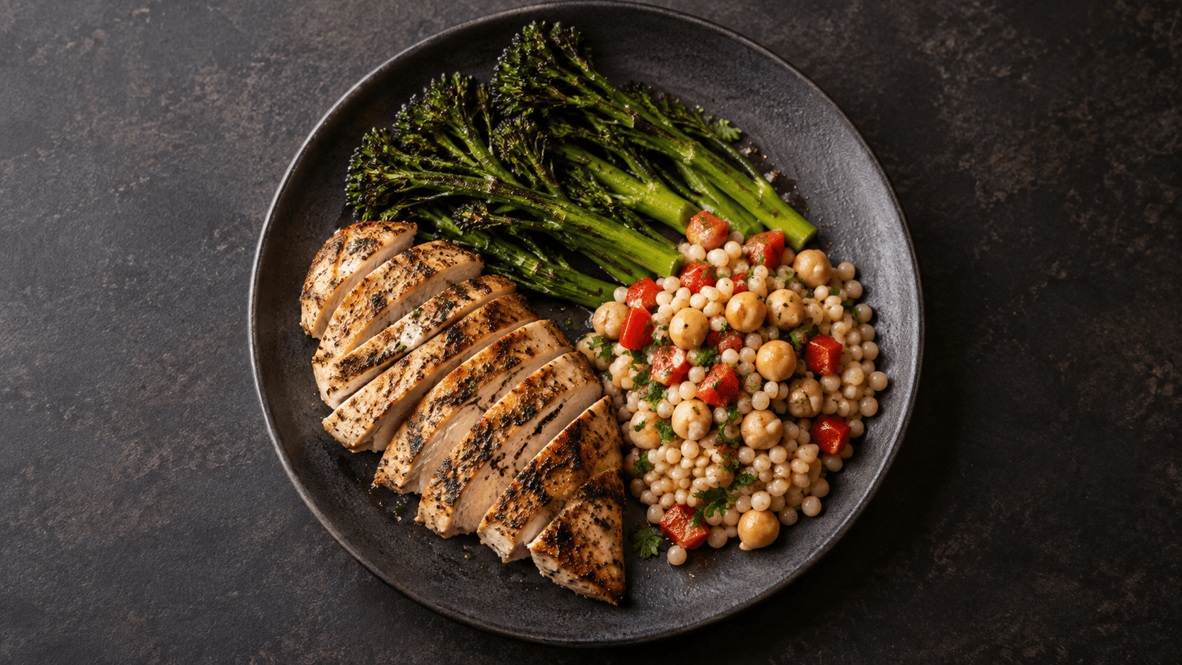 Grilled chicken, broccolini, and pearl couscous ready for AI food detection.