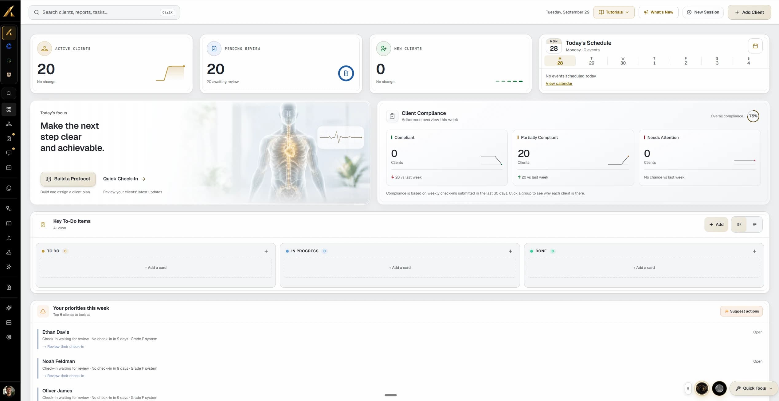 The LaunchSite OS coach dashboard, showing active clients, pending reviews, today's schedule and client compliance