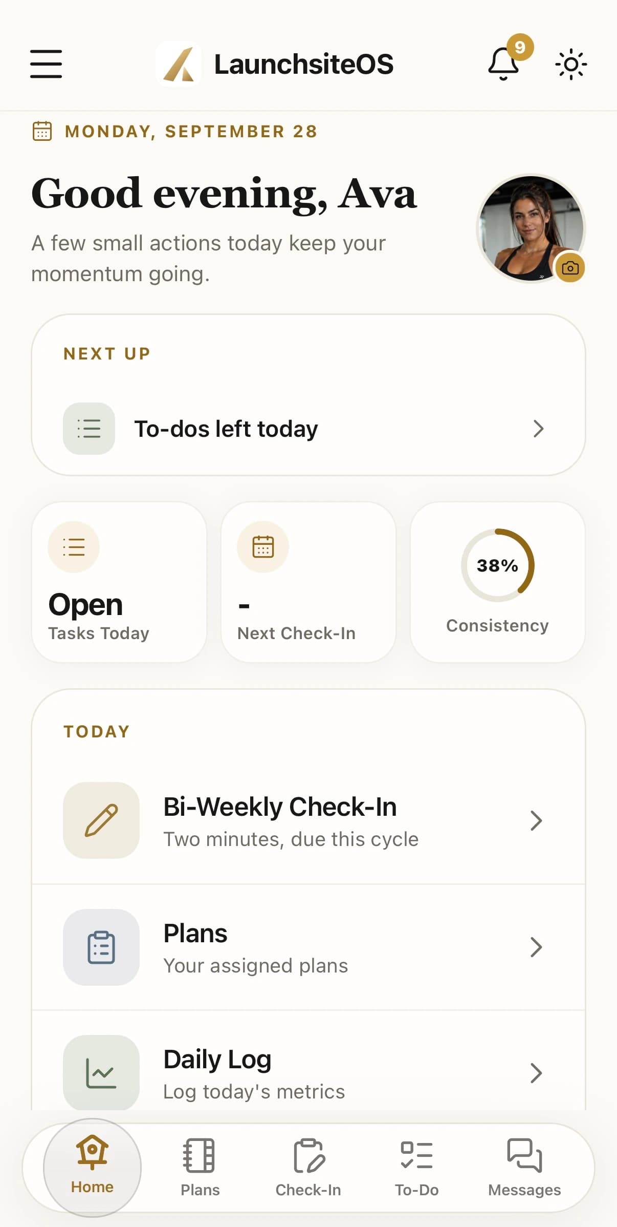 The LaunchSite OS client app, showing daily tasks, consistency and a bi-weekly check-in
