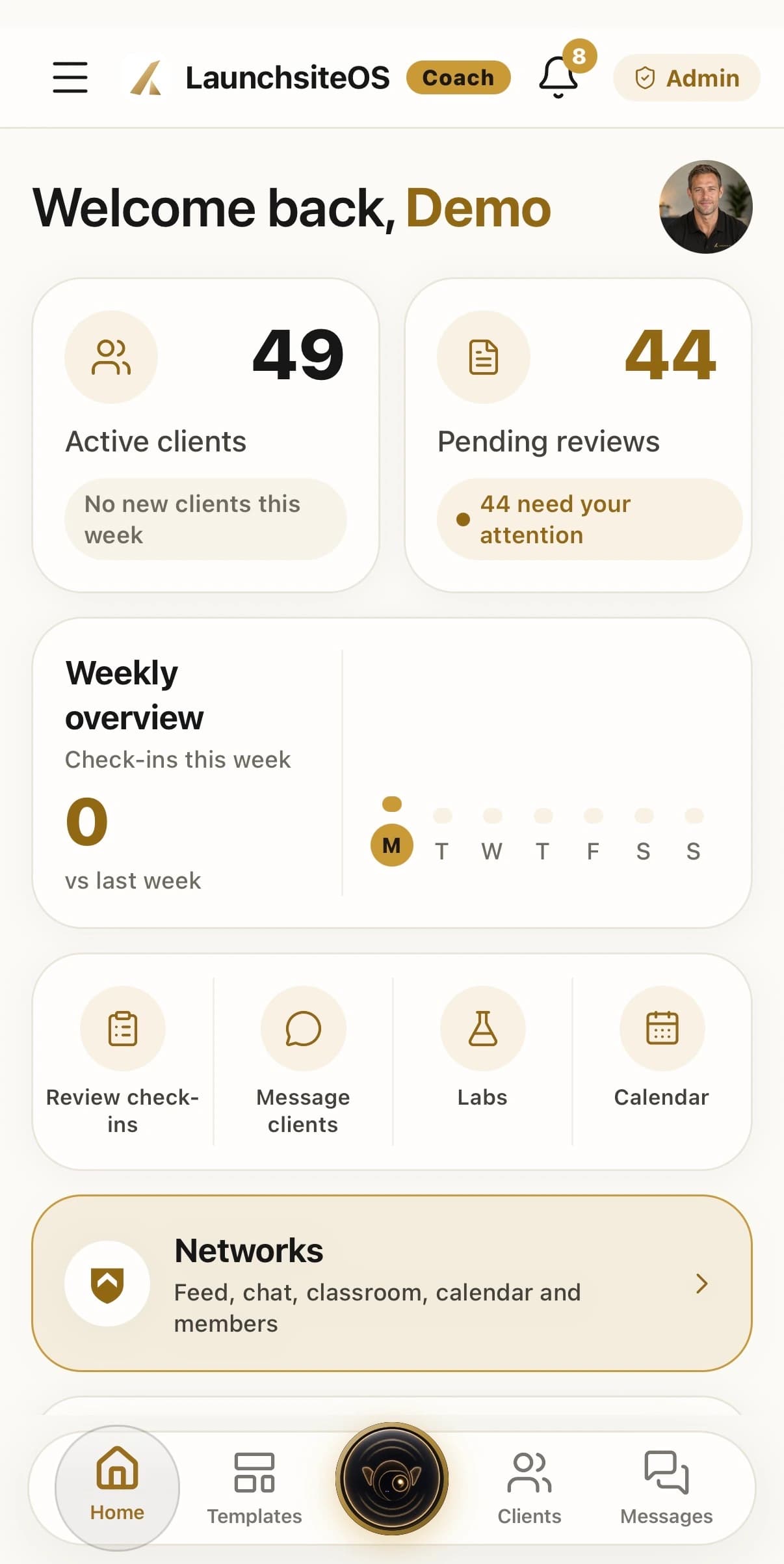 The LaunchSite OS coach app, showing active clients, pending reviews and weekly check-ins