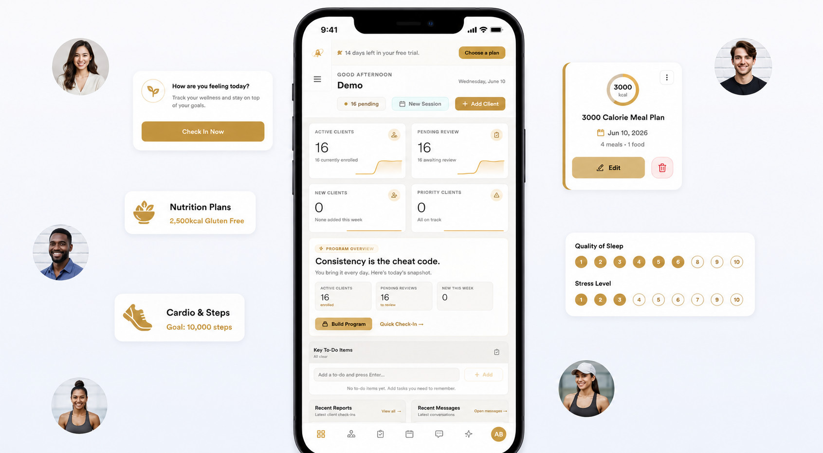 LaunchSite OS — coach dashboard with client check-ins, nutrition, training and progress