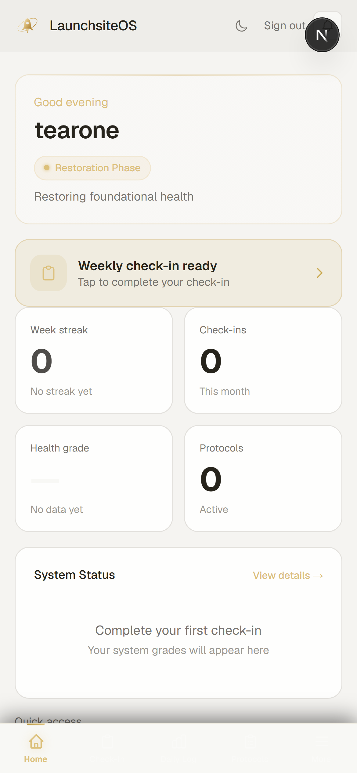 Client dashboard on mobile showing assigned plans and current progress