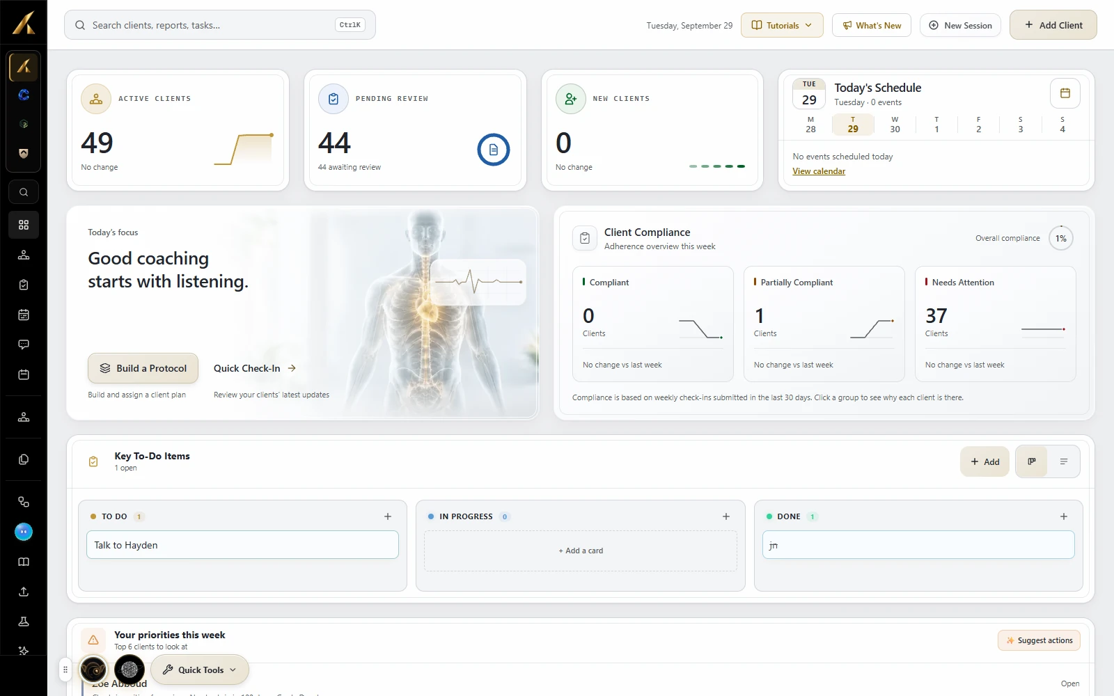 The current LaunchSite OS dashboard with client reviews, schedule, compliance and task board