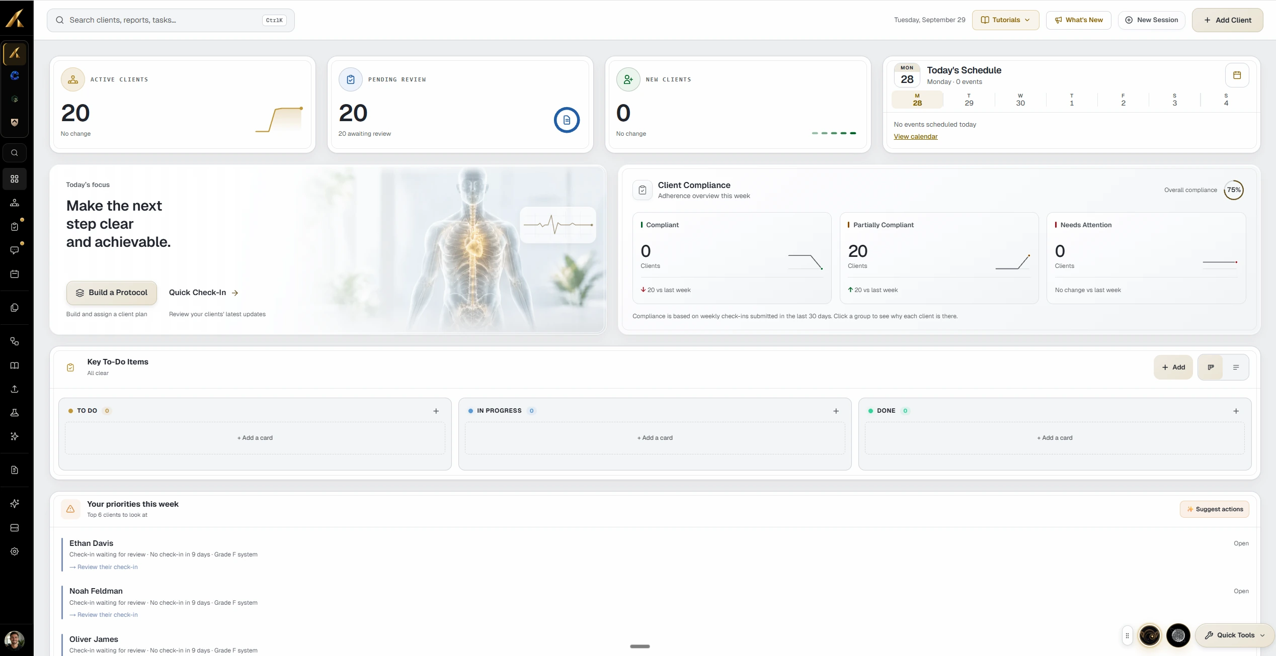 The LaunchSite OS coach dashboard, showing active clients, pending reviews, today's schedule and client compliance