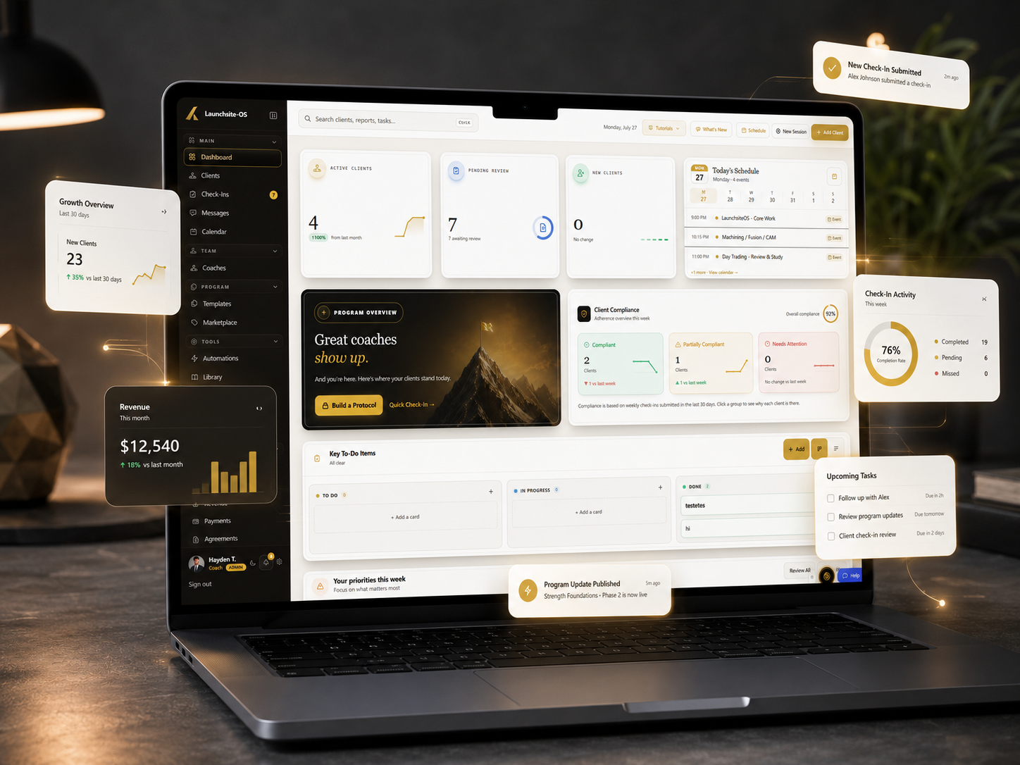 LaunchSite OS dashboard presented on a laptop with floating practice insights and check-in activity