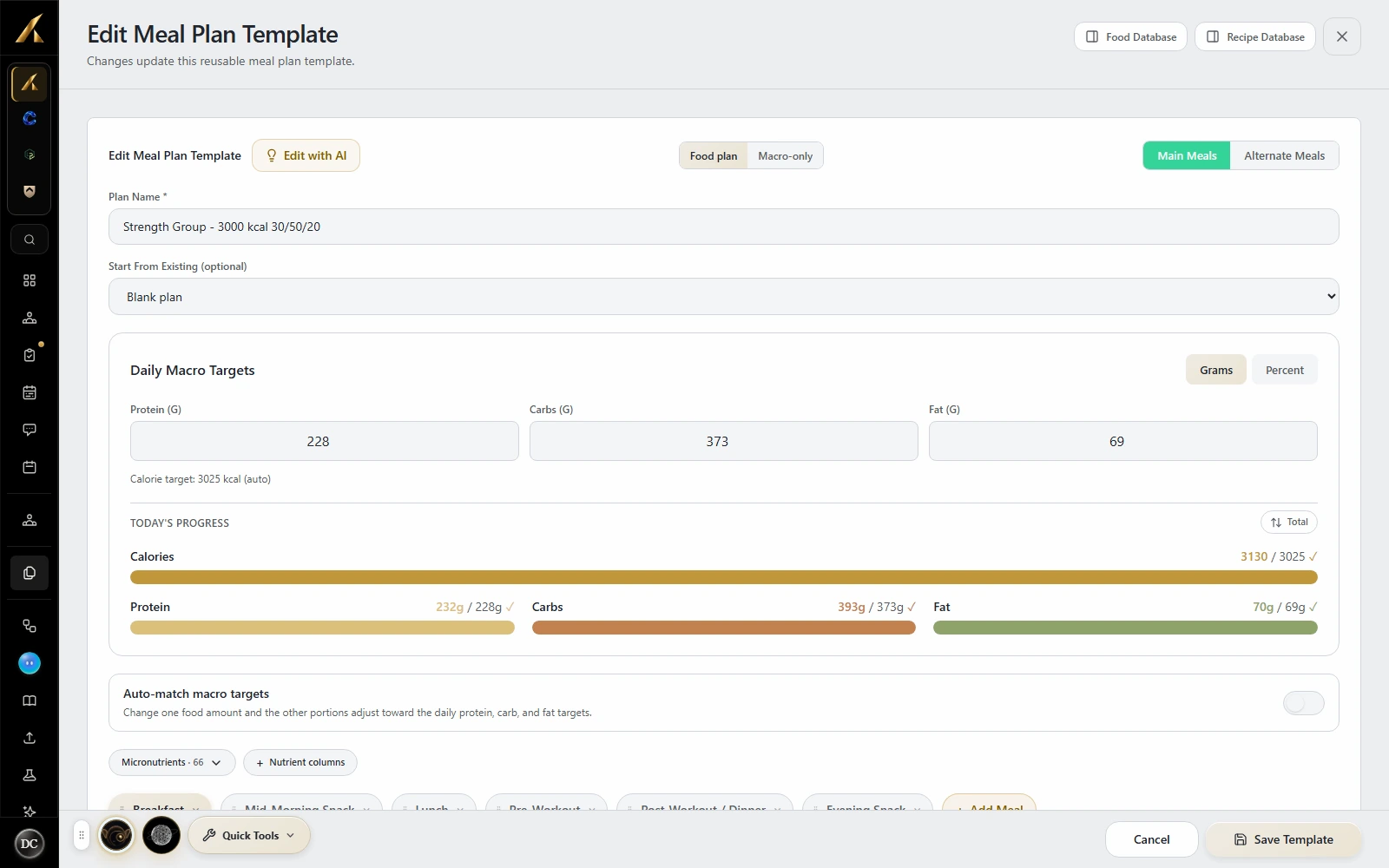 LaunchSite OS meal plan editor with daily macro targets, calorie totals and meal portions