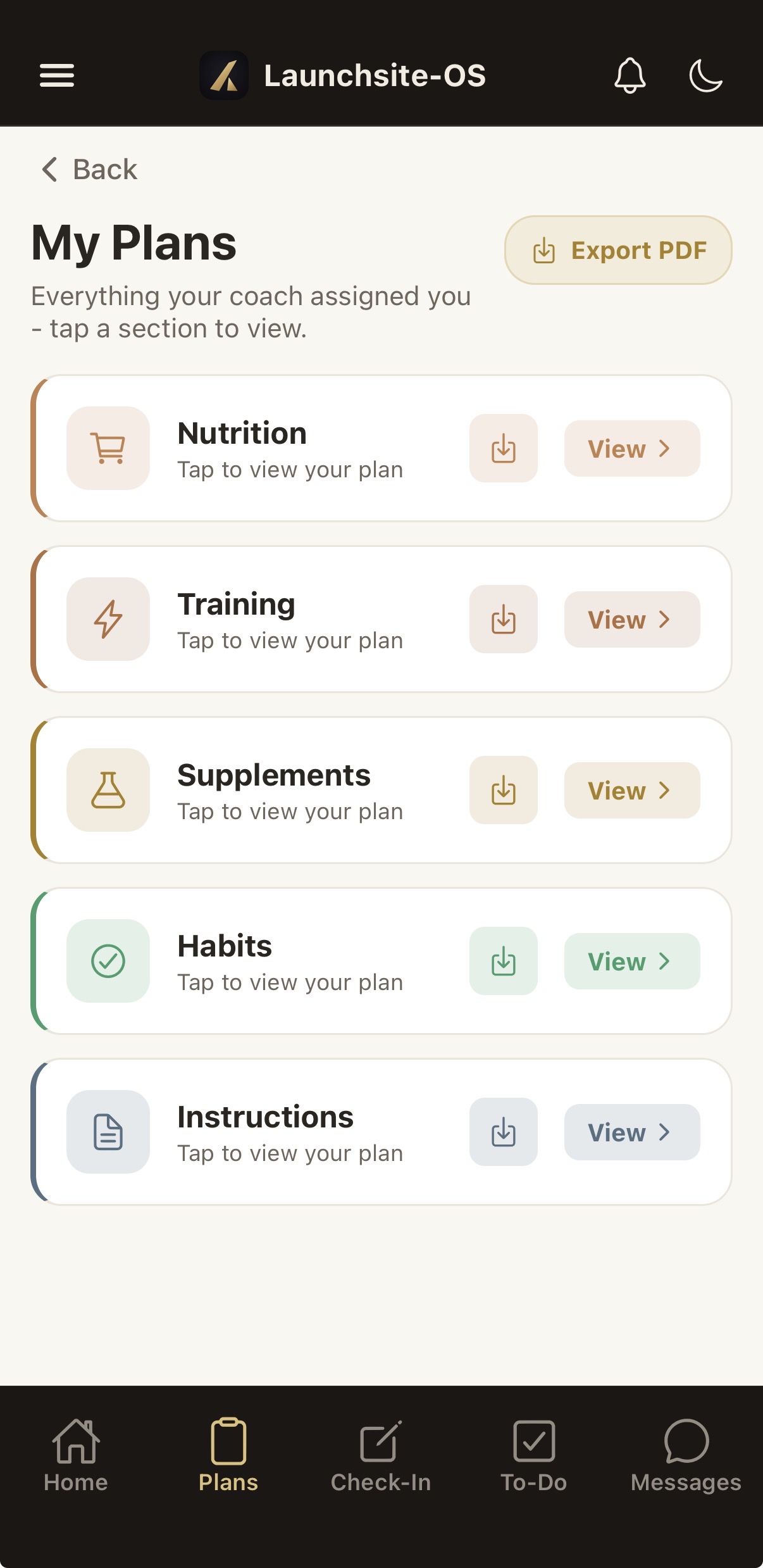 Client plans view on mobile listing nutrition, training, supplements, habits, and instructions