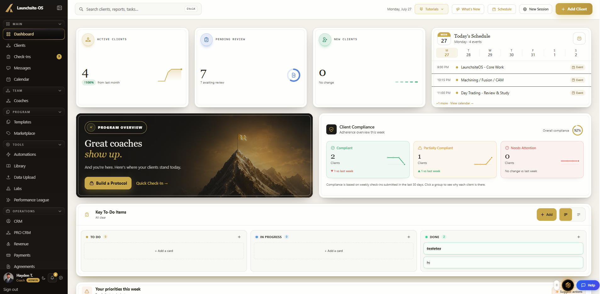 LaunchSite OS coach dashboard with active clients, pending reviews, schedule, compliance, and task boards