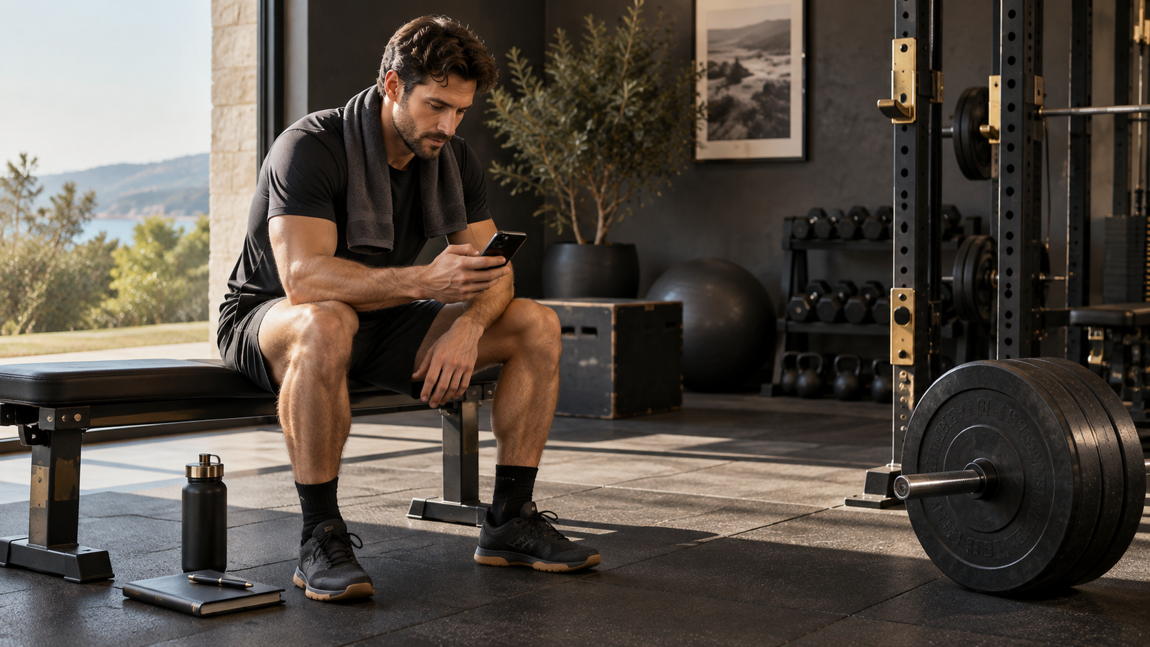 An athlete recording a completed strength session on their phone beside a loaded barbell